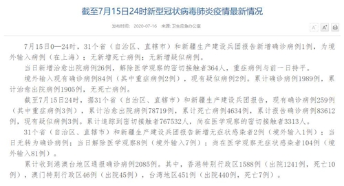 国家卫健委：7月15日新增确诊病例1例 为在上海的境外输入病例