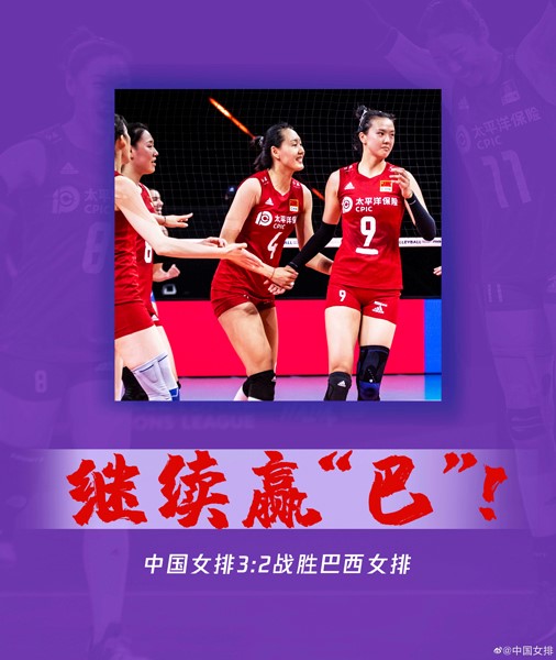 世界女排联赛：张常宁36分 中国女排3:2逆转击败巴西队结束四连败