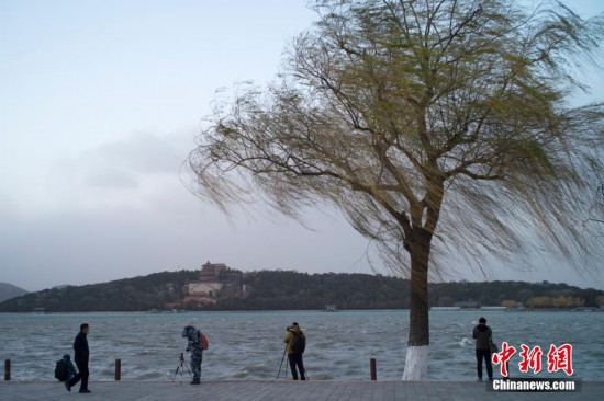 北京大风降温 市民拍摄“波涛汹涌”的昆明湖